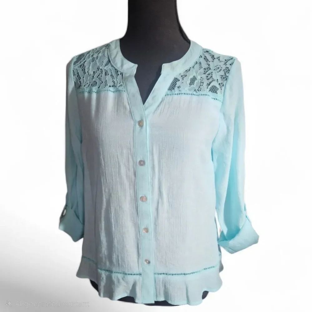 Aqua Lace Yoke Blouse 3/4 Tab Sleeve Split Neck Hi-Low Lightweight Top